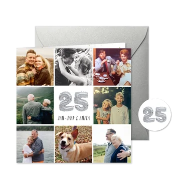 Fotocollage huwelijksjubileum kaart met zilveren 25 ballon
